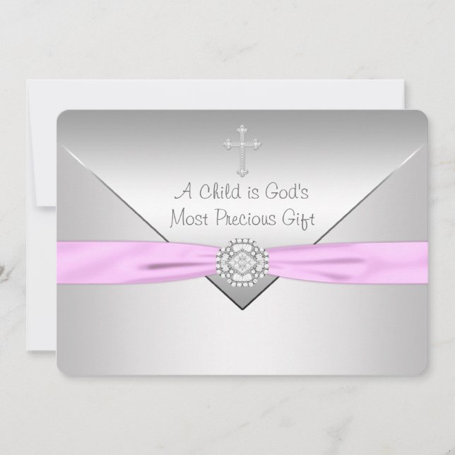 Invitación Bautizo de niña con cruz rosa (Anverso)
