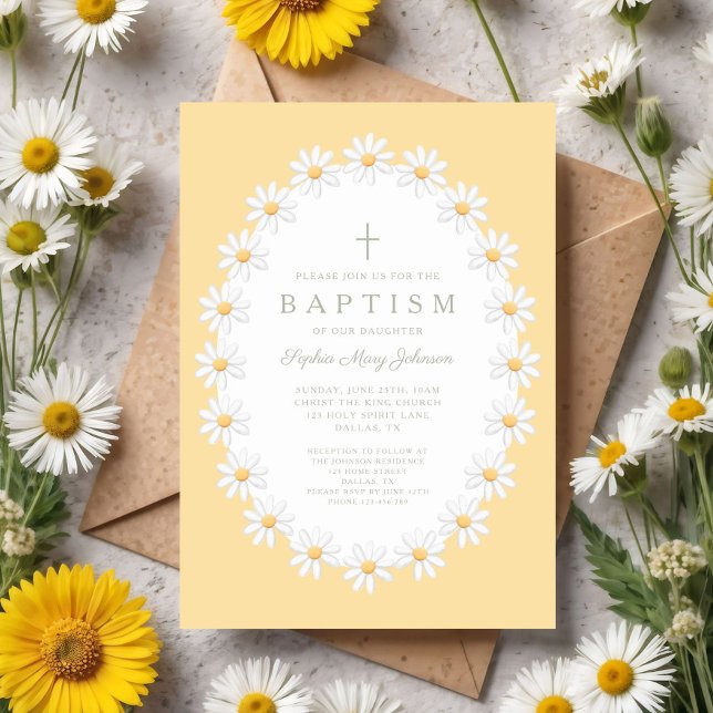 Invitación Bautizo de niña con elegantes flores de margaritas (Elegant Floral Daisies Girl Baptism Invitation)