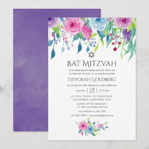 Invitación Bautizo de niña con flores de acuarela en violeta 