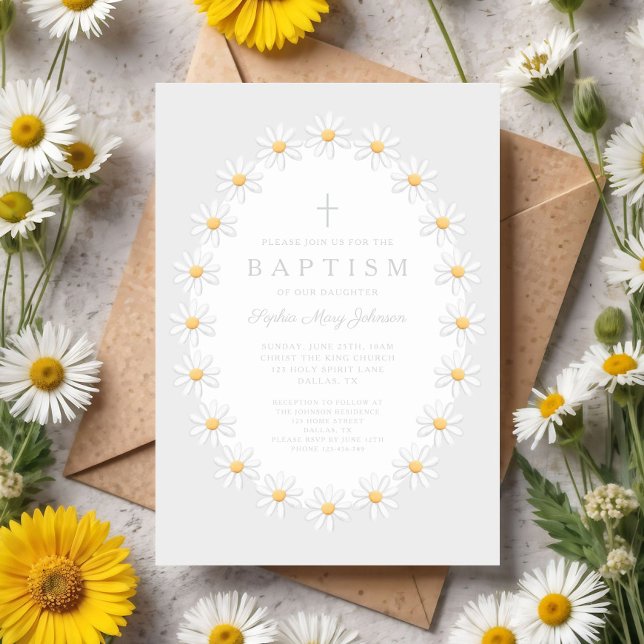 Invitación Bautizo de niña con flores de margaritas elegantes (Elegant Floral Daisies Girl Baptism Invitation)