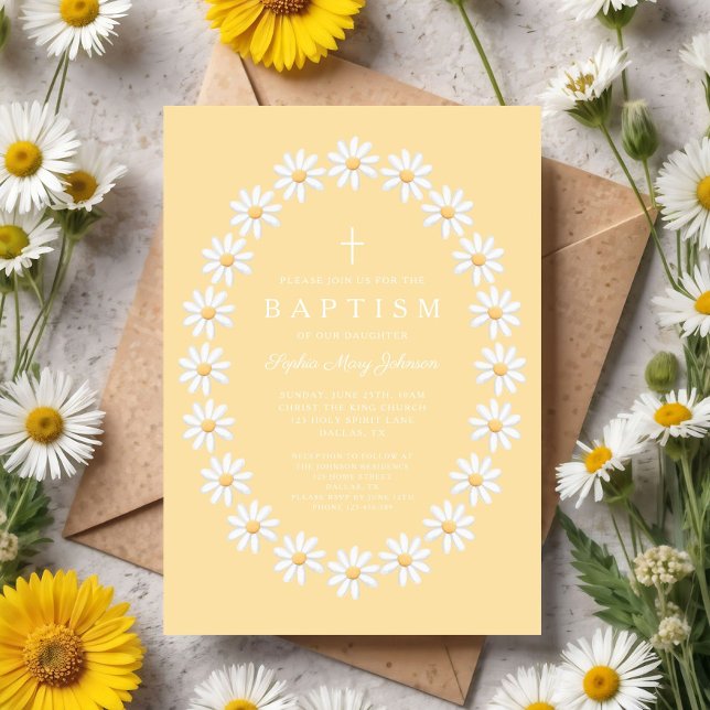 Invitación Bautizo de niña con flores modernas de margaritas (Modern Floral Daisies Girl Baptism Invitation)