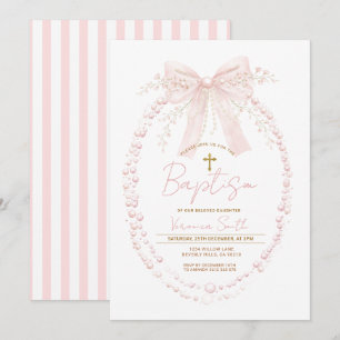 Invitación Bautizo de niña con lazo rosa acuarela