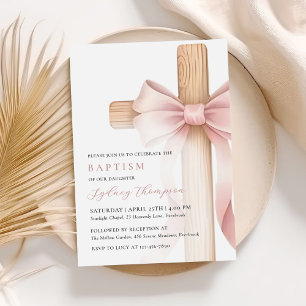 Invitación Bautizo de niña con lazo rosa bebé