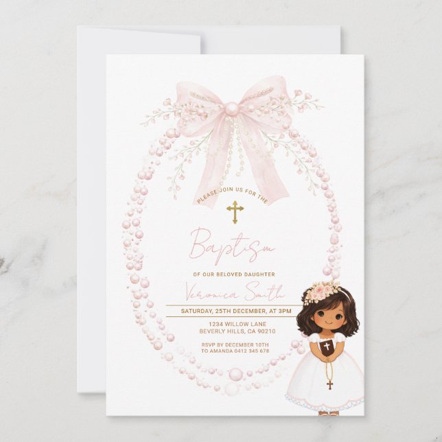 Invitación Bautizo de niña con lazo rosa dulce (Anverso)