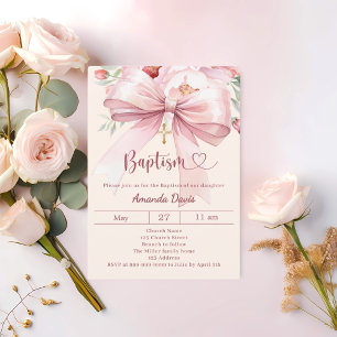 Invitación Bautizo de niña con lazo rosa y flores de crema