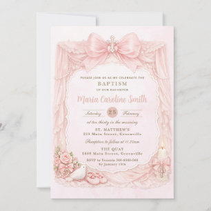 Invitación Bautizo de niña Coquette rosa rubor lazo paloma 