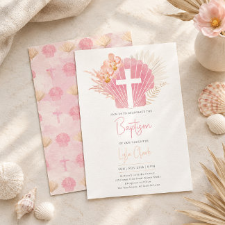 Invitación Bautizo de niña | Cruz de concha rosa boho