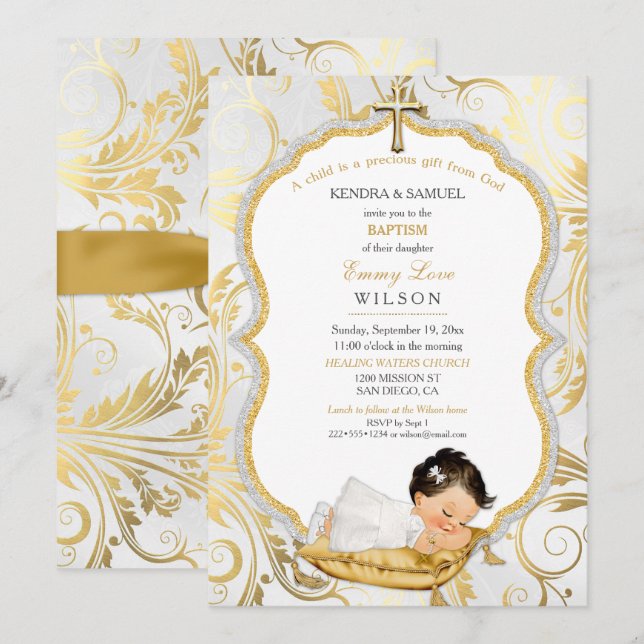 Invitación Bautizo de niña Cruz de Oro (Anverso / Reverso)