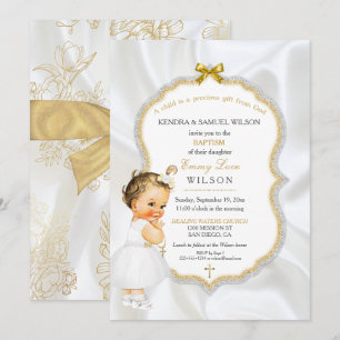Invitación Bautizo de niña Cruz de oro con purpurina