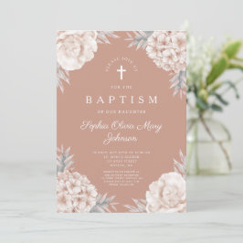 Invitación Bautizo de niña cruz de peonías florales elegantes