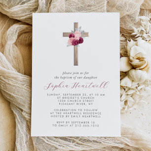 Invitación Bautizo de niña Cruz de Plata Tono Rosa Borgoña Fl