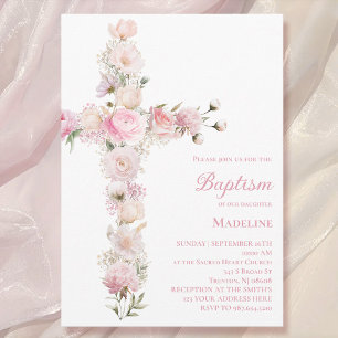 Invitación Bautizo de niña cruz floral rosa