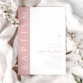 Invitación Bautizo de niña de cruz rosa pálido elegante moder