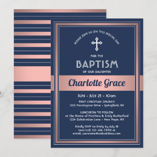 Invitación Bautizo de niña elegante azul marino rosa dorado r