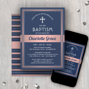 Invitación Bautizo de niña elegante azul marino rosa dorado r