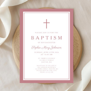 Invitación Bautizo de niña elegante cruz rosa