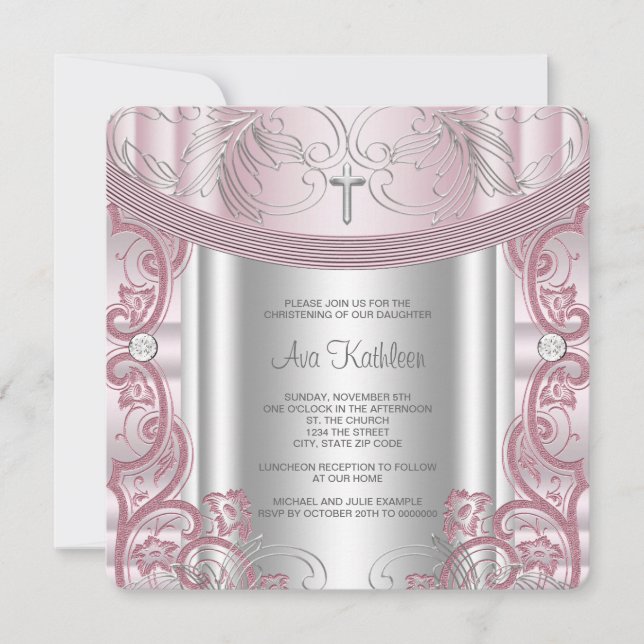 Invitación Bautizo de niña en plata y rosa (Anverso)