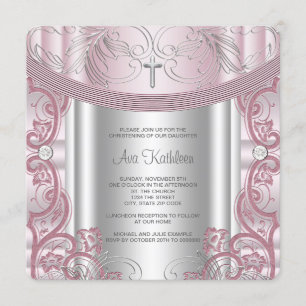 Invitación Bautizo de niña en plata y rosa
