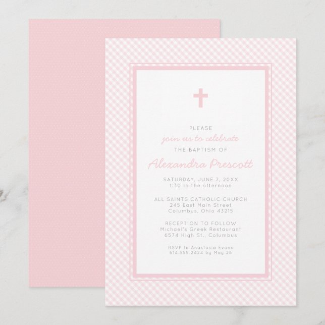 Invitación Bautizo de niña en rosa a cuadros (Anverso / Reverso)