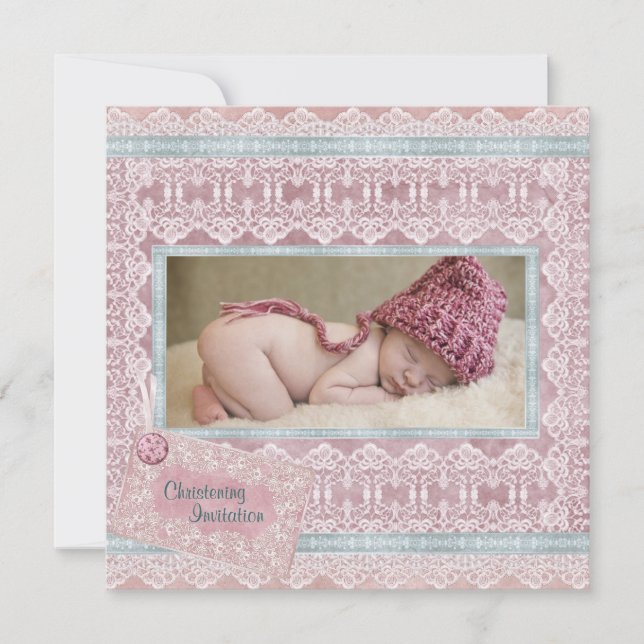 Invitación Bautizo de niña en rosa antiguo foto (Anverso)