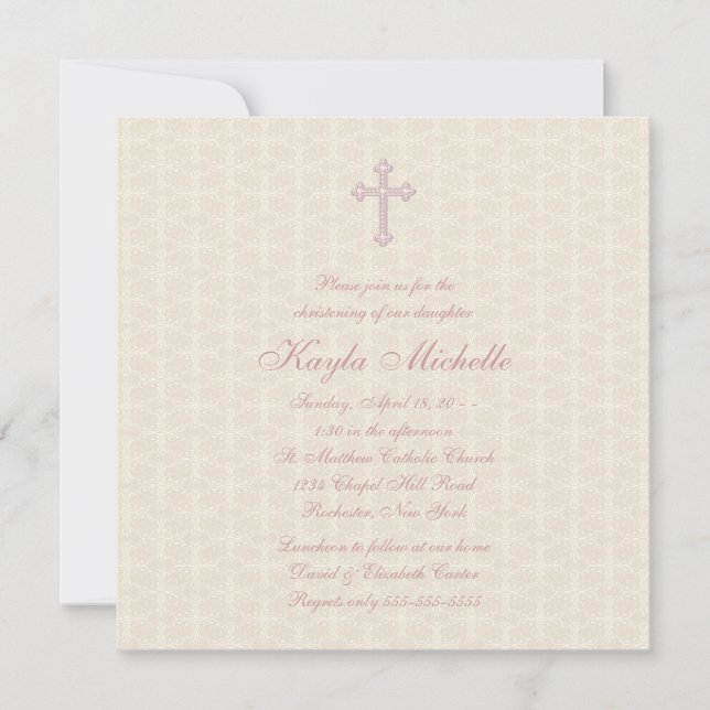 Invitación Bautizo de niña en rosa damasco beige (Anverso)
