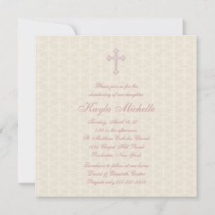 Invitación Bautizo de niña en rosa damasco beige