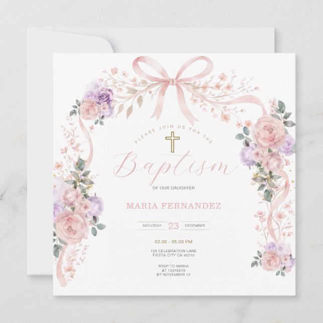 Invitación Bautizo de niña en rosa púrpura  (Anverso)