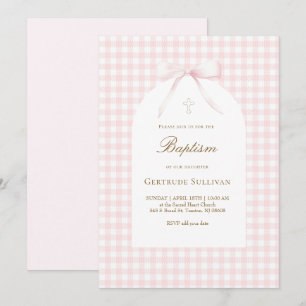 Invitación bautizo de niña en rosa y blanco a cuadros