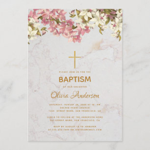 Invitación Bautizo de niña floral orquídeas rosadas cruz dora