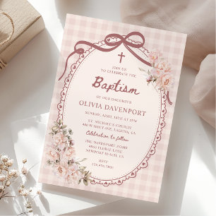 Invitación Bautizo de niña floral rosa con gingham caprichoso