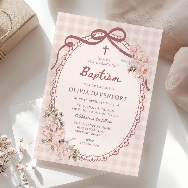 Invitación Bautizo de niña floral rosa con gingham caprichoso (Subido por el creador)