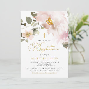 Invitación Bautizo de Niña Flores de Acuarela Rosadas Femenin