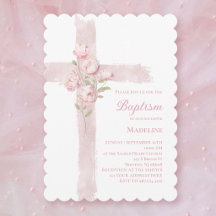 Bautizo de niña flores de peonía rosadas cruz 
