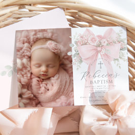 Invitación Bautizo de niña foto floral lazo de eucalipto