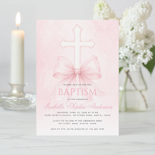 Invitación Bautizo de niña lazo rosa acuarela cruz de bautism