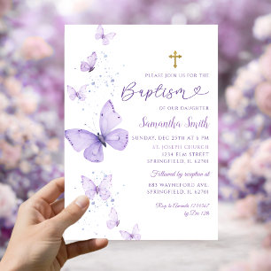 Invitación Bautizo de niña mariposa púrpura lila minimalista