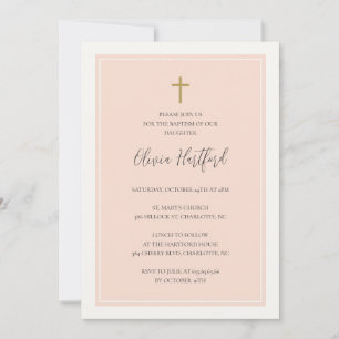 Invitación Bautizo de niña minimalista cruz dorada melocotón