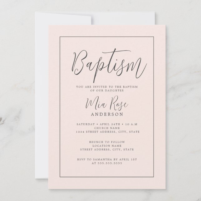 Invitación Bautizo de niña moderno de rosa suave (Anverso)