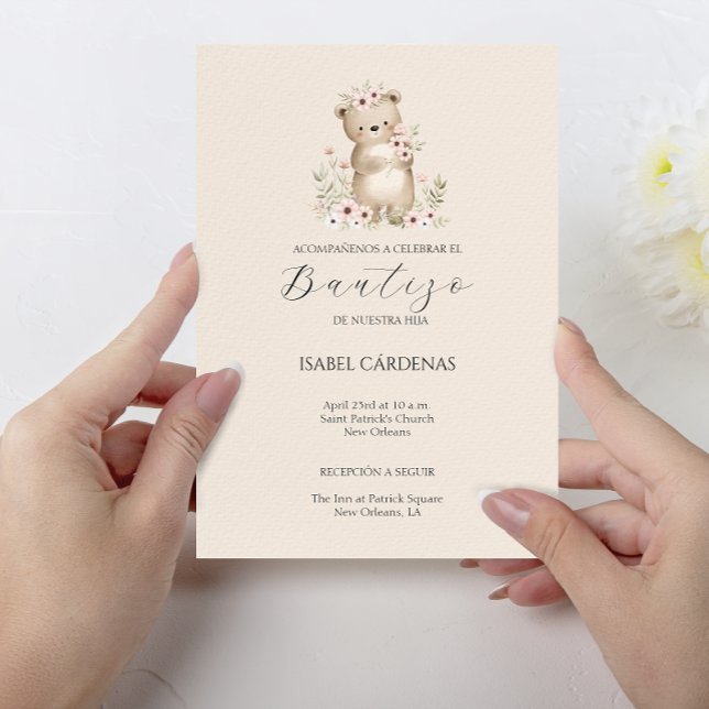 Invitación Bautizo De Niña Oso Cuto De Agua Española (Bautizo De Niña Cute Bear In Spanish Watercolor Invitation)