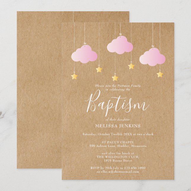 Invitación Bautizo de niña rústica Estrellas brillantes (Anverso / Reverso)
