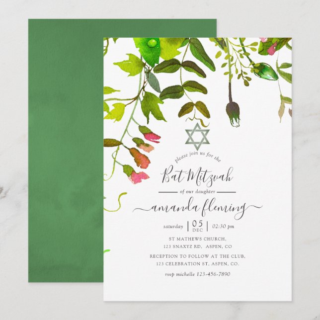Invitación Bautizo de niña Watercolor Spring Greenery (Anverso / Reverso)