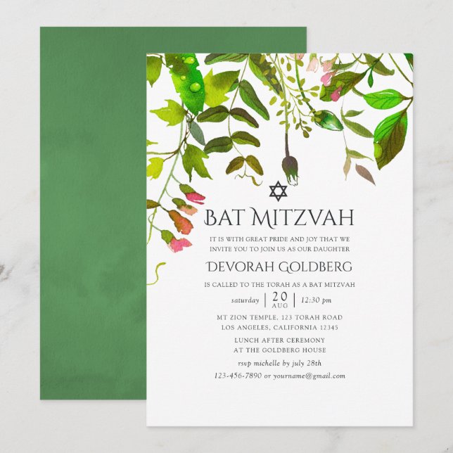 Invitación Bautizo de niña Watercolor Spring Greenery (Anverso / Reverso)