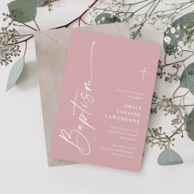 Invitación Bautizo de Niñas en Rosa Polvo con Letra Moderna y (Subido por el creador)