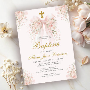 Invitación Bautizo de niñas lazo rosa elegante floral iglesia