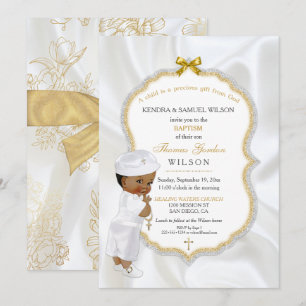 Invitación Bautizo de niño afroamericano con cruz de oro