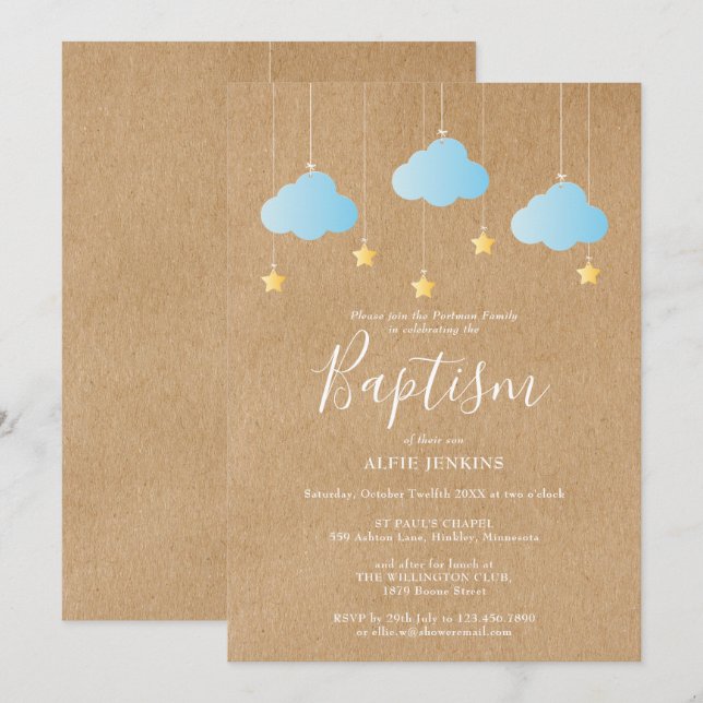 Invitación Bautizo de Niño Bebé Rústico Estrellas Brillantes (Anverso / Reverso)