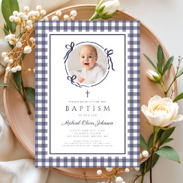 Invitación Bautizo de Niño con Foto de Gingham Azul Moderno