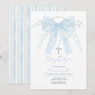 Invitación Bautizo de niño con lazo azul con Cruz
