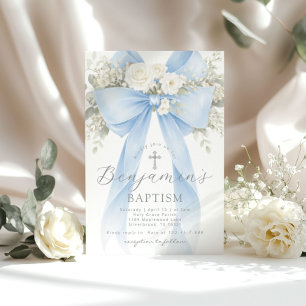 Invitación Bautizo de niño con lazo de eucalipto floral azul