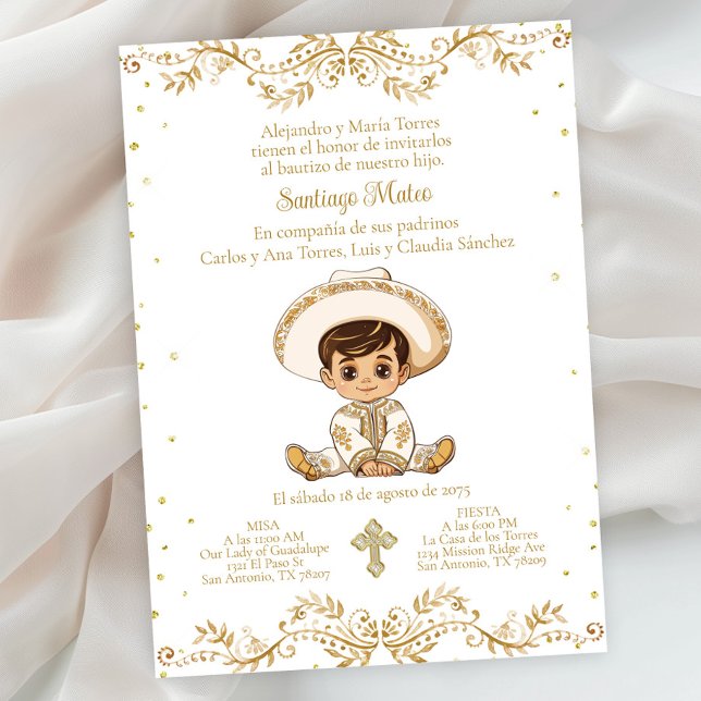 Invitación Bautizo de Niño con Traje de Charro Español (Boy gold charro baptism invitation. Simply add your event details.)